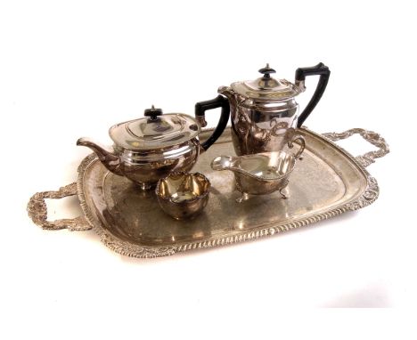 A quantity of silver plated items, including a chamber stick, tea and coffee pot, two engraved tray and more (parcel)