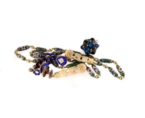 An enamel bead necklace, together with a paste set drop pendant, a pair of carved bone earrings and a Middle Eastern enamel a