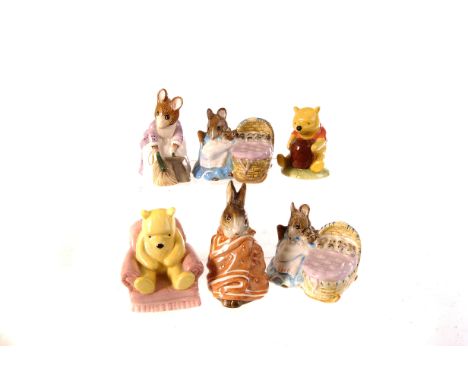 Four Beswick brown stamp Beatrix pottery character figures, including Hunca Munca sweeping, Poorly Peter Rabbit, etc., togeth