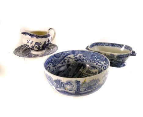 A selection of Spode blue and white Italian pattern ceramics, together with other examples, to include chargers, cups and sau