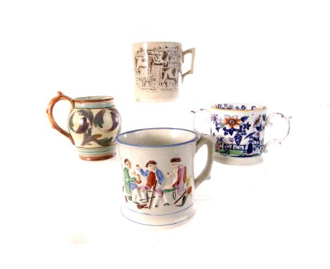 A group of six 19th century tankards, including one with interior ceramic frog figure, a Moorcroft example, a loving cup and 