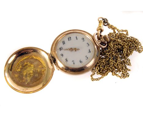 A 14ct gold lady's pocket watch, having black Arabic numerals to white enamel face, on chain, watch AF