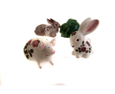A group of Plichta ware ceramic animals, including two piggy bank, two bunnies and an elephant, together with two other rabbi