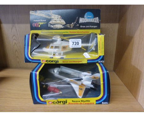 Two boxed Corgi James Bond 007 Moonraker vehicles comprising of 649 Space Shuttle and 930 Drax Jet Ranger, die-cast gd-vg, bo