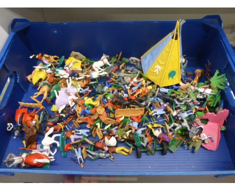 Quantity of platsic figures mainly Timpo featuring Knights, Cowboys & Indians and army