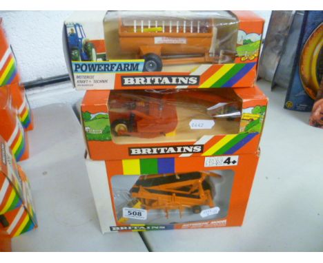 Three boxed Britains farming vehicles to include 9535 Faun Potato Harvester, 9531 Vicon Grass Mower and 9342 Howard Rotary Ma
