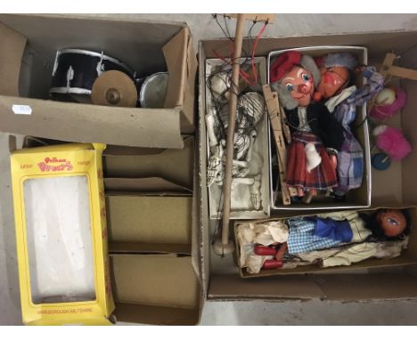 Five vintage Pelham Puppets including small Skeleton, boxes and scratch built puppets drum kit