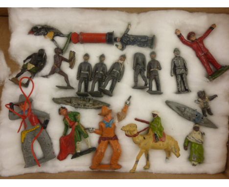 Interesting collection of 20 vintage metal figures to include Zulu Wariiors, larger Cowboys, Matador, Camel with rider (af), 