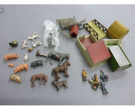 Group of vintage metal & plastic Britains farming figures, animals, & accessories