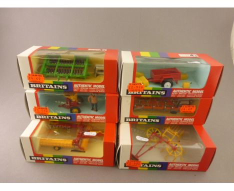 Six boxed Britains 1:32 farm models to include 9538 Rotary Tedder, 9545 Vaderstad EV620 Roller, 9558 Vicon Vari-Spreader, 954