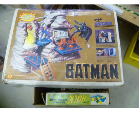 Three vintage Superhero related toys including boxed Toy Biz Batman Batcave, Ideal The Incredible Hulk Smash Up Action Game a