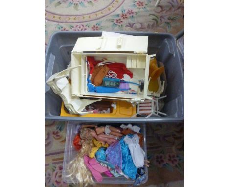 Collection of vintage Sindy doll accessories including wardrobe, bath, toilet, sofa, clothing, vacuum etc plus other dolls