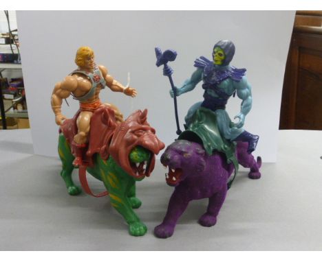 Original Mattel Masters Of The Universe He-Man with Battle Cat & Skeletor with Panthor, play wear with Skeletor accessory 