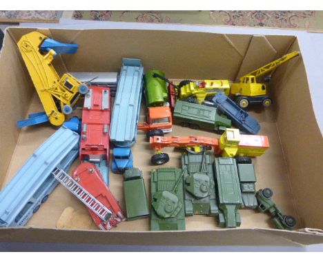 17 Vintage die-cast Dinky vehicles to include Fire Engines, Commercial and Military overall play worn but gd/vg