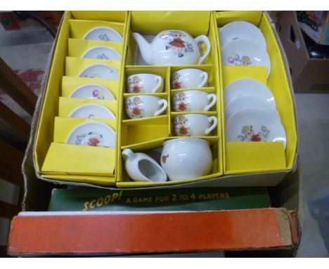 Collection of vintage toys and games to include Palitoy Trespass, Lotto Family Edition, China tea set etc