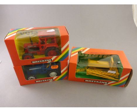 Three boxed Britains Farm vehicles including 9523 Ford TW20 Tractor, 9521 Volvo Tractor and 9567 Chafer Sprayer all excellent