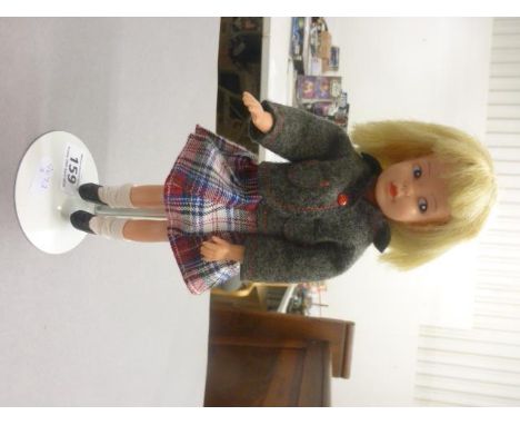 Sindy's Friend Patch Doll, first issue, dressed in original clothing on stand