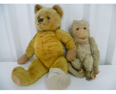 Vintage Steiff monkey with damage to feet & hands, rather tatty with label to ear in tact, plus a vintage bear