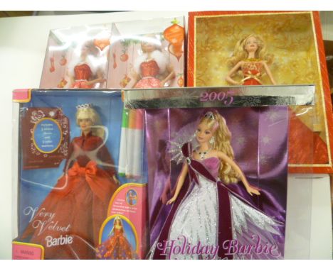 Five Boxed Mattel Barbie Figures - 2005 Holiday Barbie by Bob Mackie, 2 x Christmas, Very Velvet Barbie and 2014 Holiday Barb