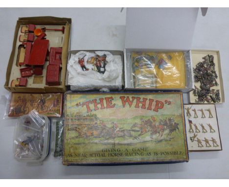 Collection of vintage metal figures and games including boxed Chad Valley The Whip, Bicycle Race Game, boxed Jaqueline Miniat