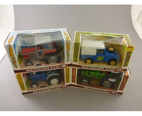 Four boxed Britains 1:32 Farming vehicles including 9524 Ford Tractors Equipment, 9522 Massey Ferguson, 9526 Deutz Tractor an