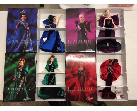 Four Boxed Mattel Barbie ' The Jewel Essence Collection by Bob Mackie ' Figures - Sapphire Splendor, Amethyst Aura, Emerald E