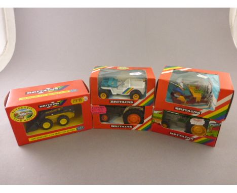 Five boxed Britains farming vehicles comprising of 9420 Farm Tractor, 9421 Jeep, 9422 Tractor, 9552 Transplanter and 40510 Ne