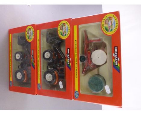 Three boxed Britains 1:32 Authentic Farm Models including 00226 Renault Cergos 350 Tractor with Loader x 2 and 00213 Kvernela