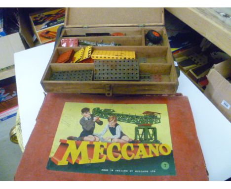 Collection of vintage Meccano including boxed outfit number 7 with instructions (incomplete), plus numerous other pieces