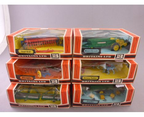 Six boxed Britains Farm Implements to include 9546 Ploughs, 9554 Gang Roller, 9540 Manure Spreader, 9539 Seed Drill, 9550 Tra