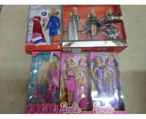 Eight Boxed Mattel Barbie Figures - Barbie, Stacie and Kelly Singing Holiday Sisters, President 2000, 2 x 1959-2009, Dance Mo