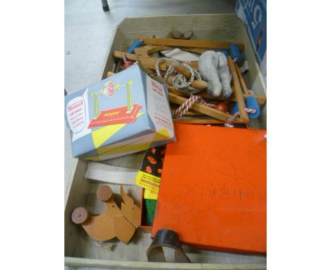 Mixed group of vintage toys to include soft toy elephant, Minibrix, Mamod Line Shaft box (no line engine) etc