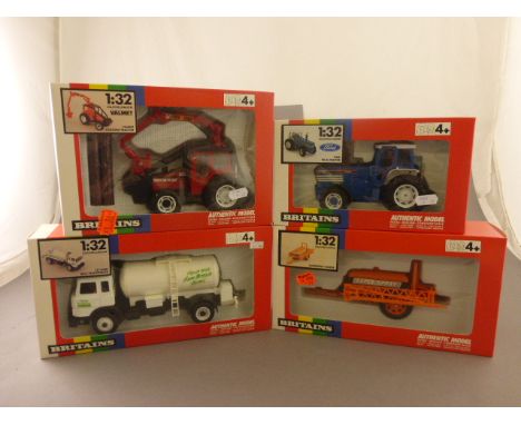 Four boxed Britains 1:32 Farming vehicles to include 9508 Ford TW 25 Tractor, 9516 Valmet Logging Tractor, 9605 Leyland Milk 