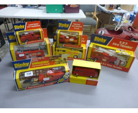 Seven boxed Dinky fire vehicles, including 266 ERF Fire Tender, 285 Merryweather Marquis Fire Tender, 263 Airport Fire Rescue