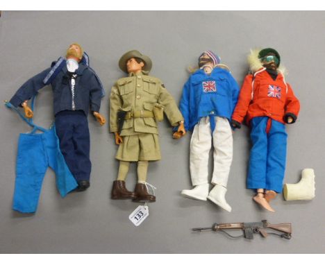 Four original Palitoy Action Man figures in full outfits, one boot missing