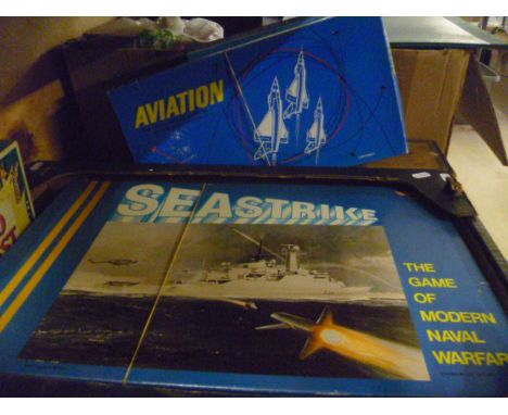 Group of vintage games including Zoo Quest with board, Aviation, Tri Tactics, Sea Strike, plus a boxed Simplex Typewriter