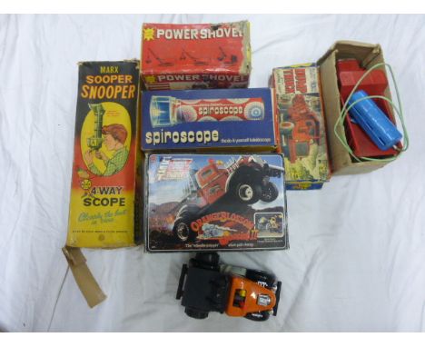 Five boxed vintage games and vehicles including Marx Sooper Snoper, Denys Fisher Spiroscope, TM Japan Power Shovel series 3, 