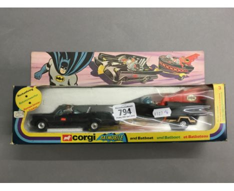 Boxed Corgi 3 Batman Batmobile & boat set VG condition with both figures, boat side stickers have fallen off but are complete