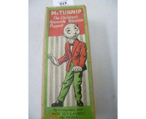 Boxed Mr Turnip die-cast television puppet by arrangement with Miss Joy Laurey and The BBC