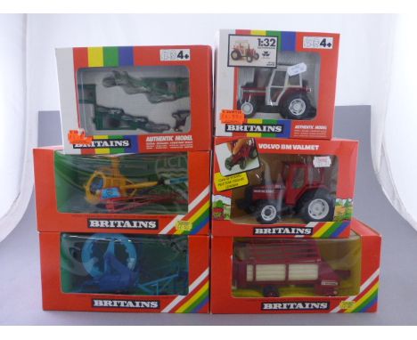 Six boxed Britains farm model vehicles including 9578 Loader Wagon, 9511 Helicopter Crop Spray, 9547 Hose Drum Irrigator, 954