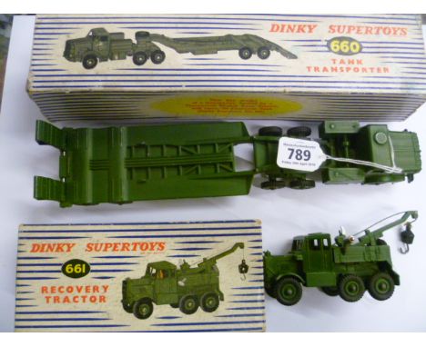 Two boxed Dinky Supertoys military vehicles including 660 Tank Transporter and 661 Recovery Tractor with some paint loss but 