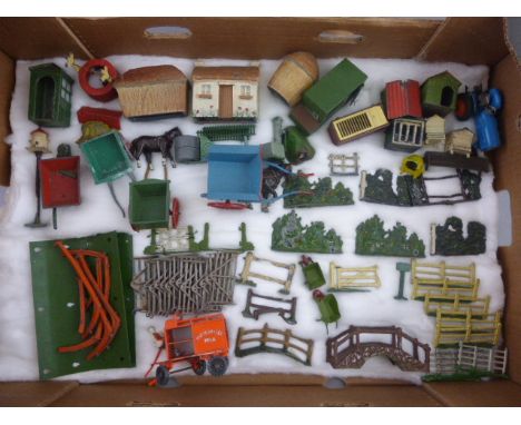 Excellent collection of vintage metal farm accessories and buildings to include FGT For Good Toys and Britains featuring hous