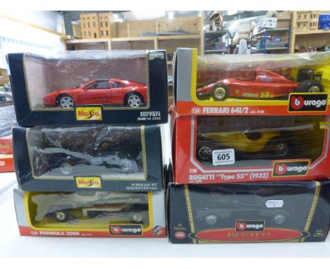 Four Boxed Burago 1/24 scale Diecast Cars - Formula 3000, Bugatti Type 55, Ferrari 641/2 and Bugatti EB 110 1991 together wit