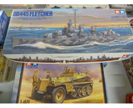 Six vintage Tamiya model kits including 1:350 US Navy Destroyer DD445 Fletcher No.12, 1:48 US Medium Tank M26 Pershing T26E3,