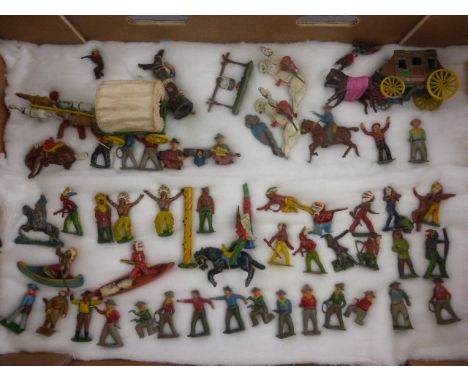 Collection of vintage metal Cowboys & Indians figures and accessories, approximately 60 items in good play worn condition