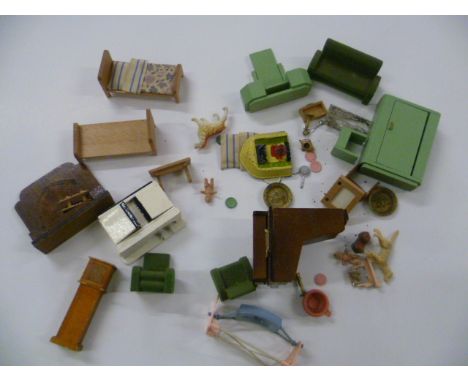 Quantity of wooden dolls house furniture, plus other accessories including piano, wash basin, crockery etc