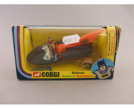 Boxed Corgi 107 Batboat with Batman & Robin figures and trailer, vg overall with some play wear, box with corner wear and tea