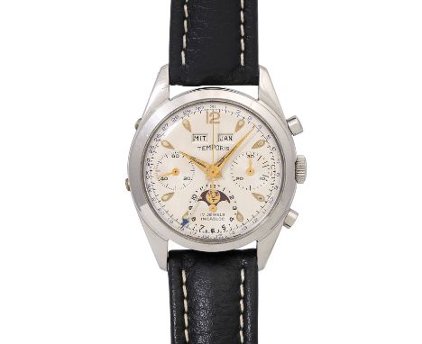 TEMPORIS Vintage Chronograph mit Tag, Wochentag, Monat und Mondphasen, Ref. 4352. Herrenuhr. Ca. 1950er Jahre. Edelstahl. Han