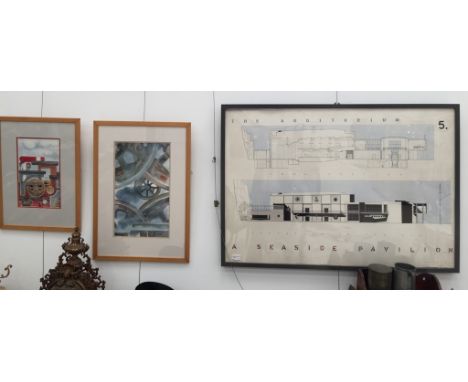 John Gadsden (20th century): An architectural design study for a seaside pavilion, watercolour, signed & dated 1952, H 69 x W