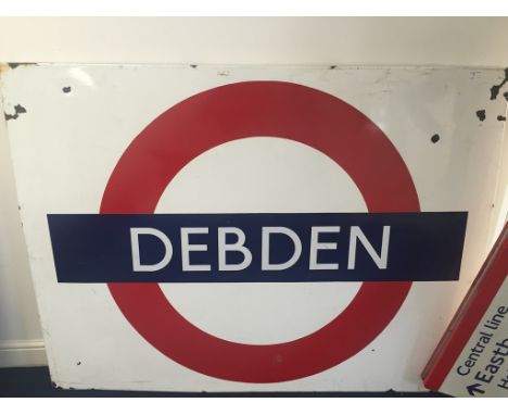 A London Underground enamel platform roundel sign for Debden (Central Line) H105cm x 153cmW